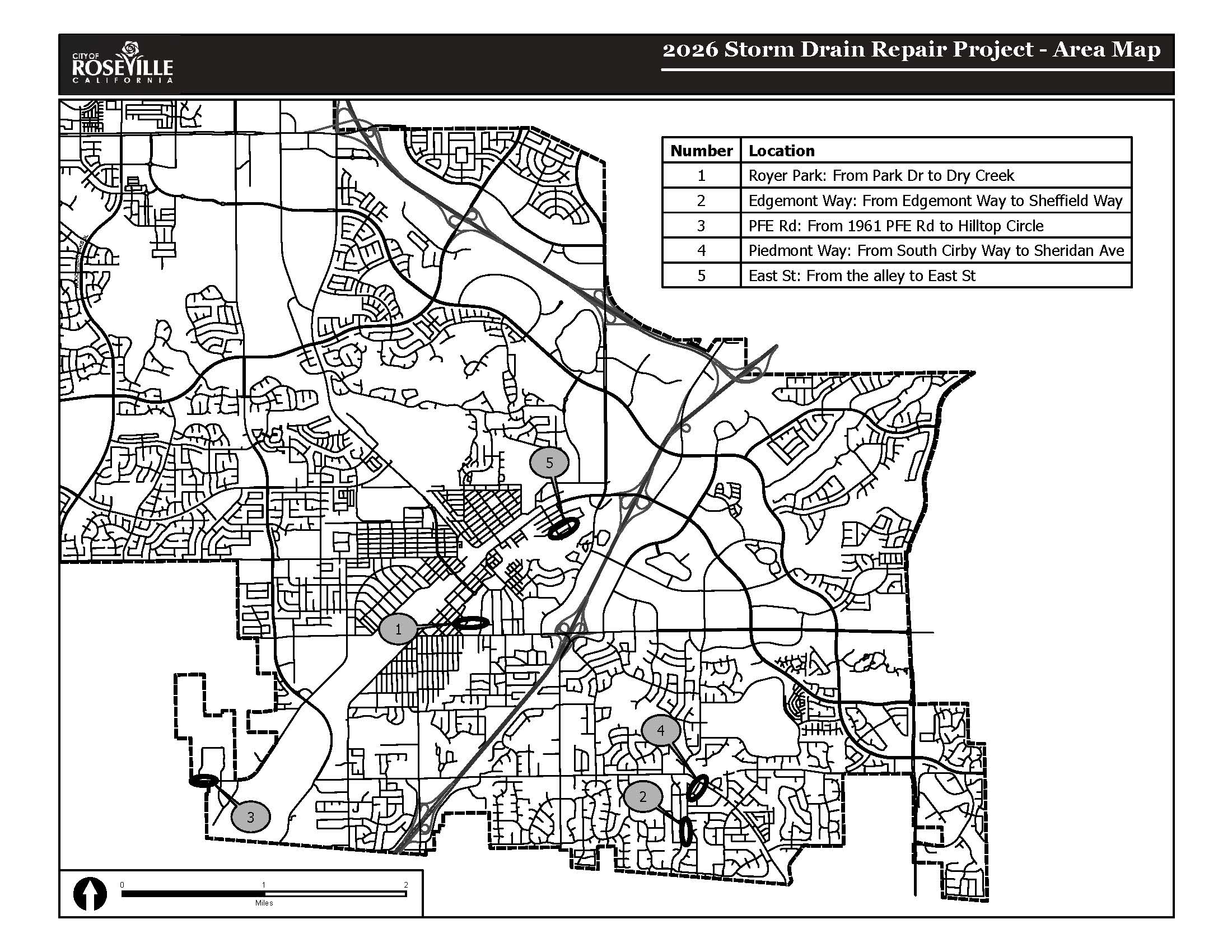 Storm Drain Repair Project map with five project areas encircled.